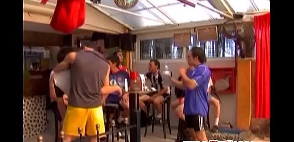 Young Euro jocks cum hard after fucking in cafe orgy